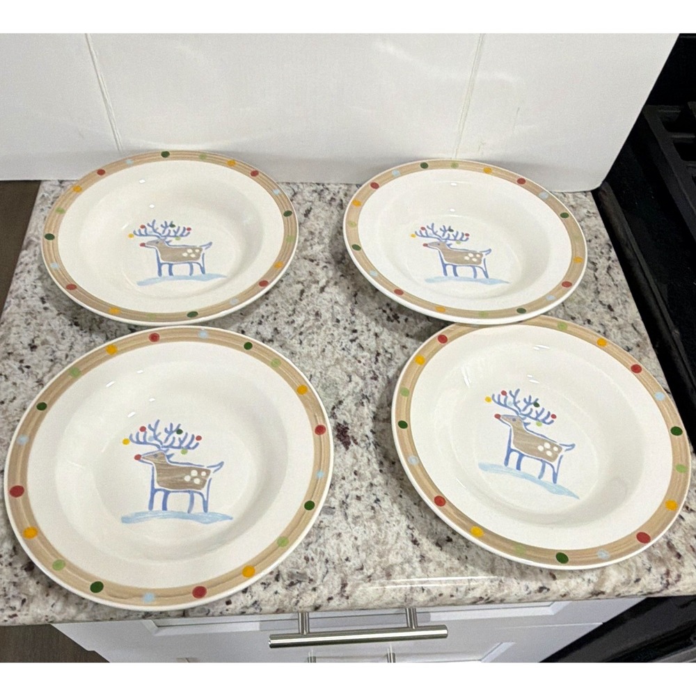 4 HOME Italy Ceramic Holiday Reindeer Bowls Christmas Polka Dot Rimmed SoupPasta